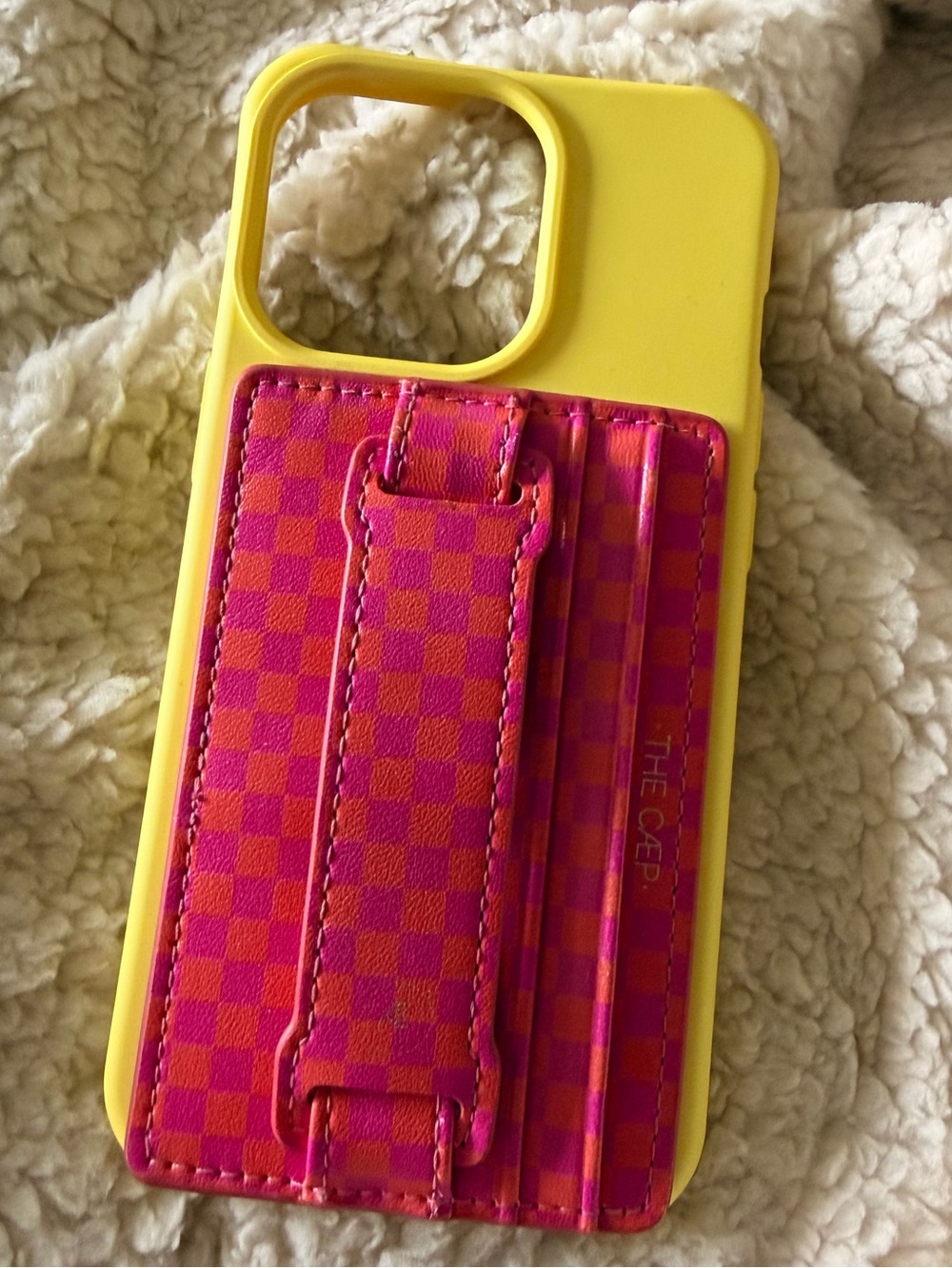 Yellow iPhone 13 Pro Case with Pink Checkered Cardholder/Strap